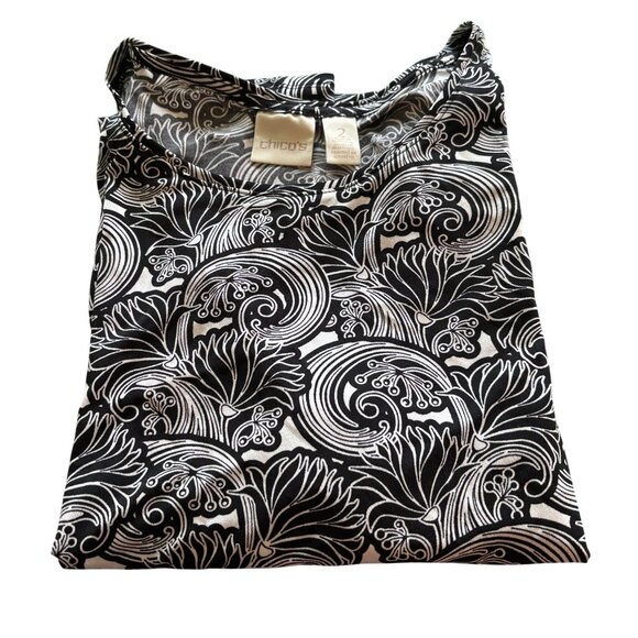 Chico's Women's Stretch Swing Tunic Top Size 2 US Large Black Swirl on White - Picture 3 of 7